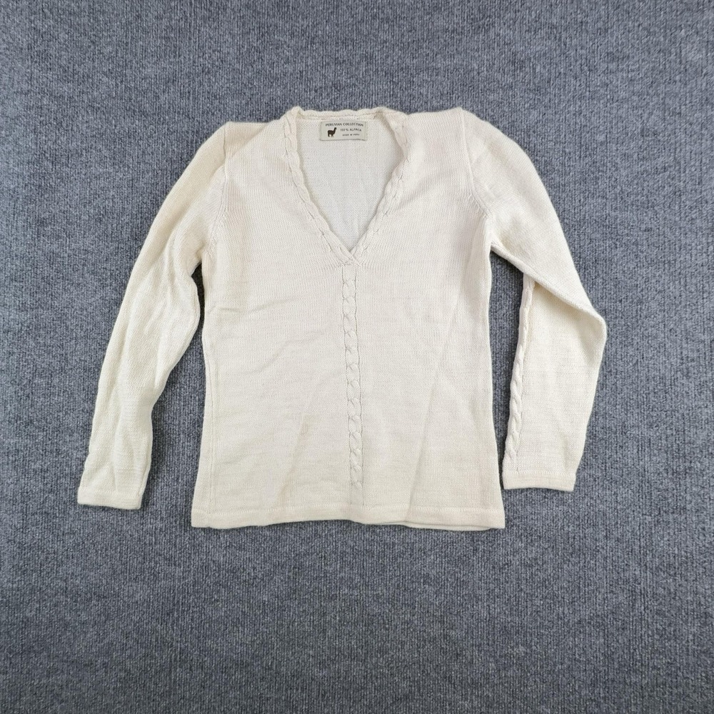 Peruvian Collection Sweater Womens Small White Alpaca Cable Knit V Neck Pullover